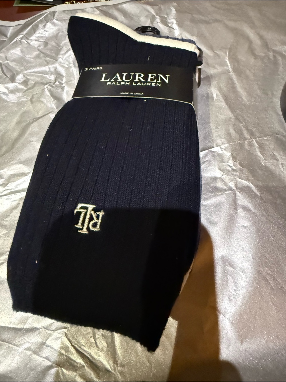 NWT Lauren Ralph Lauren Women's Ribbed Crew Socks 3-Pack Blue Cream